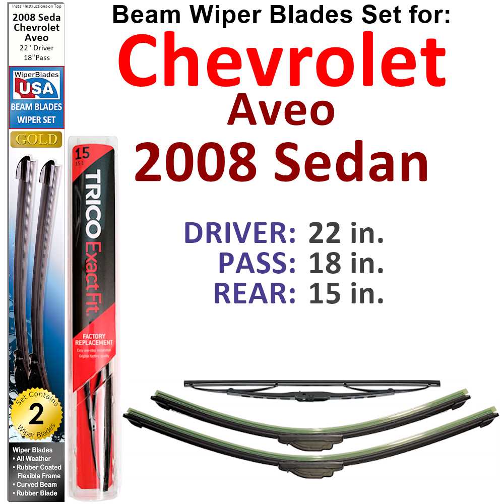 Set of 3 Beam Wiper Blades designed for 2008 Chevrolet Aveo Sedan, showcasing their flexible and durable design.