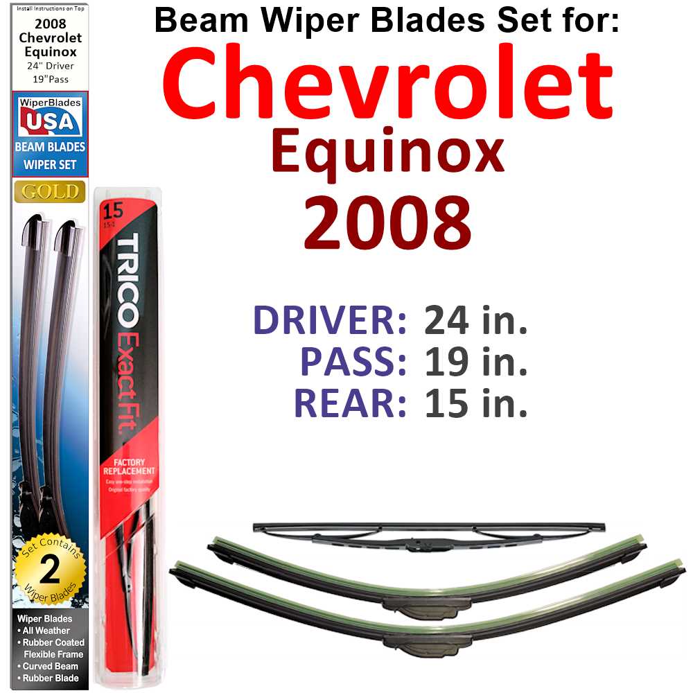 Set of 3 Beam Wiper Blades designed for 2008 Chevrolet Equinox, showcasing their flexible and durable construction.