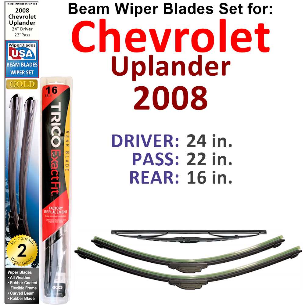 Set of 3 Beam Wiper Blades designed for 2008 Chevrolet Uplander, showcasing their flexible and durable construction.