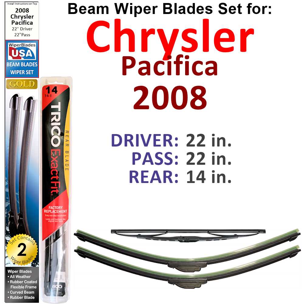 Set of 3 Beam Wiper Blades designed for 2008 Chrysler Pacifica, showcasing their flexible and durable construction.