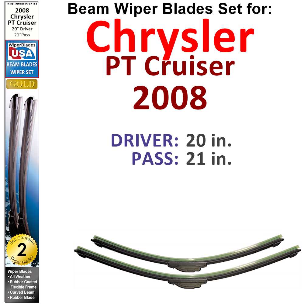 Set of 2 Beam Wiper Blades designed for 2008 Chrysler PT Cruiser, featuring a sleek low-profile design and durable rubber construction.