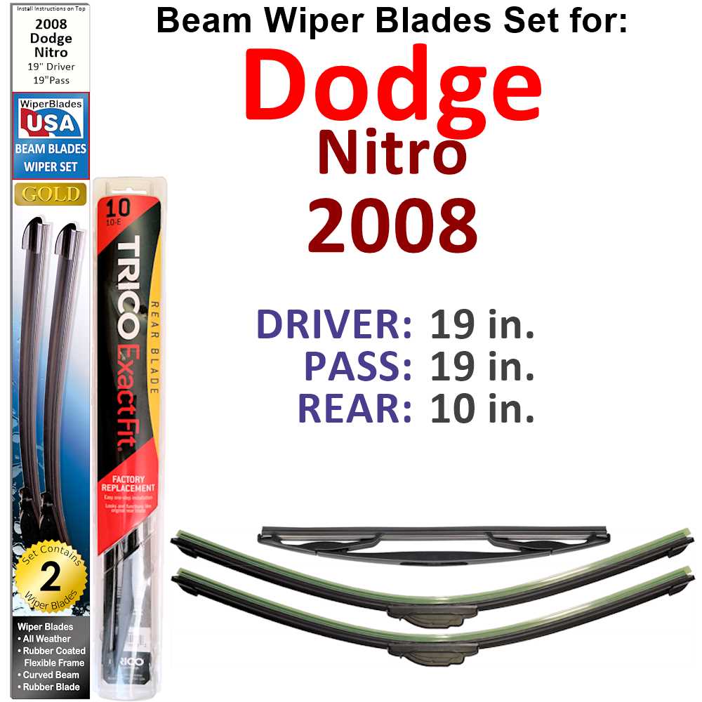 Set of 3 Beam Wiper Blades designed for 2008 Dodge Nitro, showcasing their flexible and low-profile design.