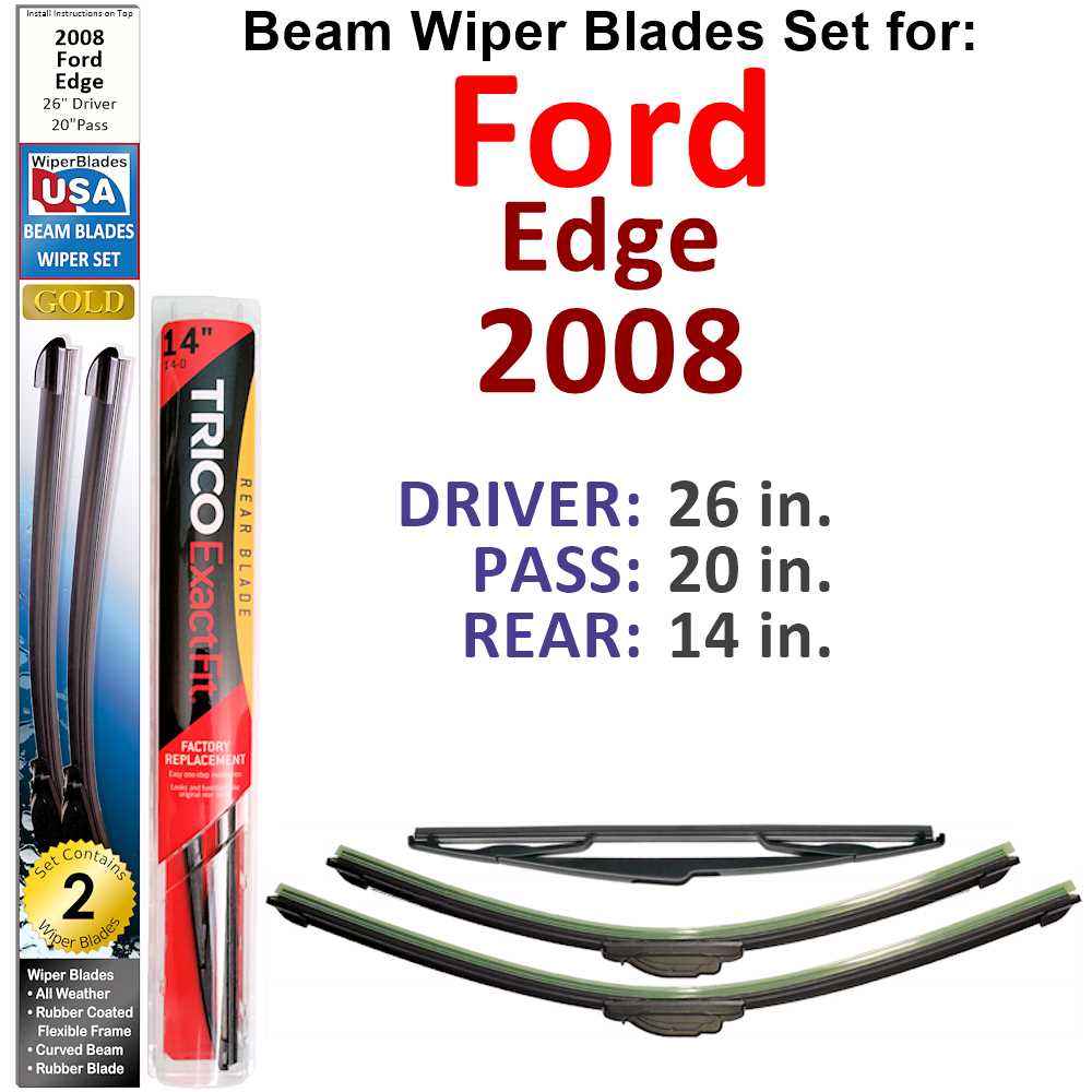 Set of 3 Beam Wiper Blades designed for 2008 Ford Edge, showcasing their flexible and durable construction.