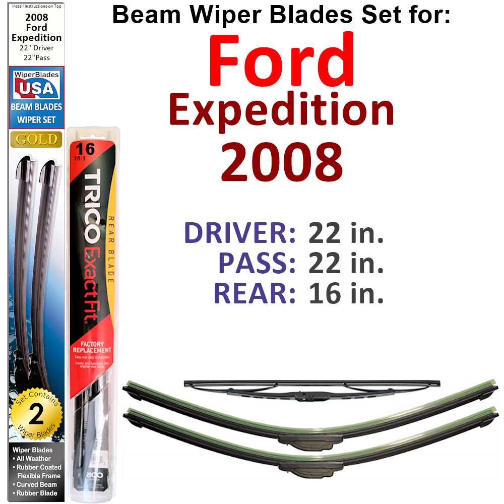 Set of 3 Beam Wiper Blades designed for 2008 Ford Expedition, showcasing their flexible and durable construction.