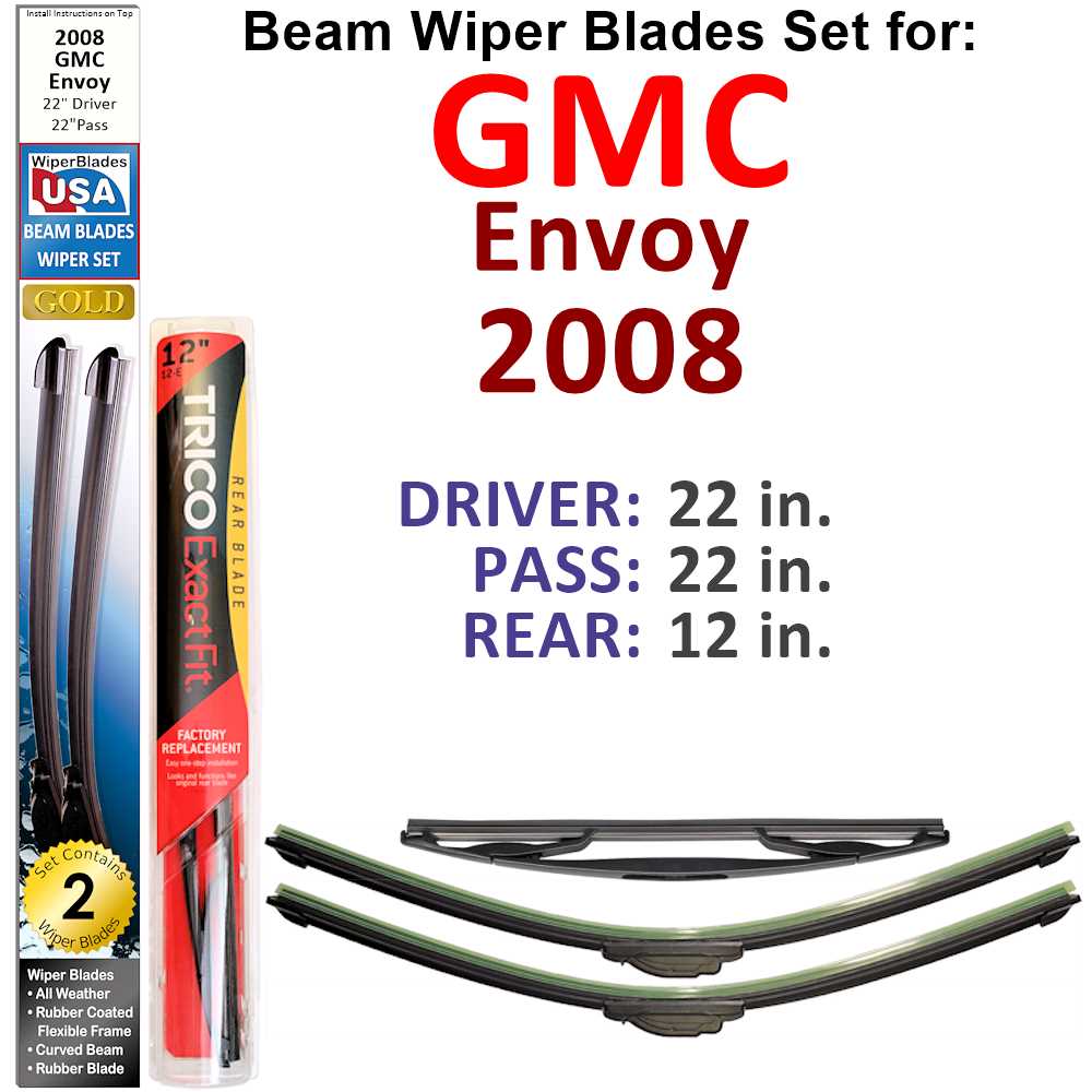 Set of 3 Beam Wiper Blades designed for 2008 GMC Envoy, showcasing their flexible and durable construction.