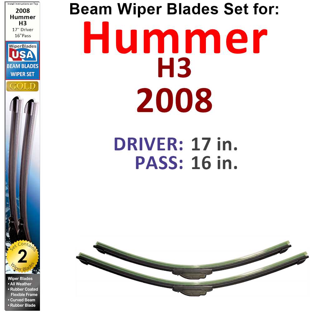 Set of 2 Beam Wiper Blades designed for 2008 Hummer H3, showcasing their flexible and durable construction.