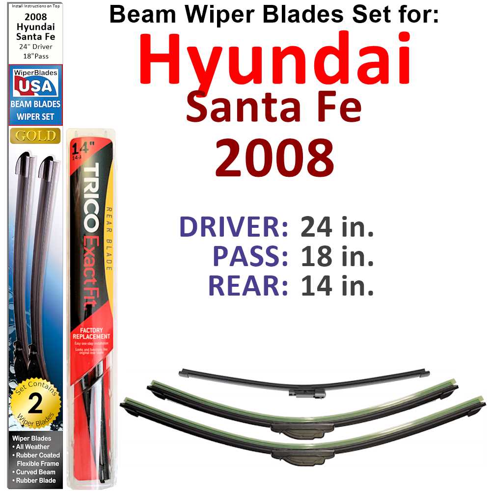 Set of 3 Beam Wiper Blades designed for 2008 Hyundai Santa Fe, showcasing their flexible and durable construction.