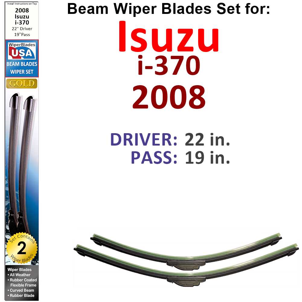 Set of two Beam Wiper Blades designed for 2008 Isuzu i-370, showcasing their sleek design and durable construction.