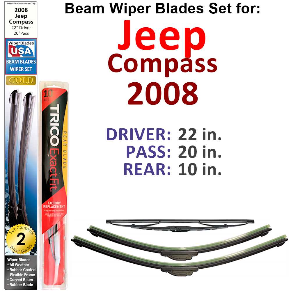 Set of 3 Beam Wiper Blades designed for 2008 Jeep Compass, showcasing their flexible and durable construction.