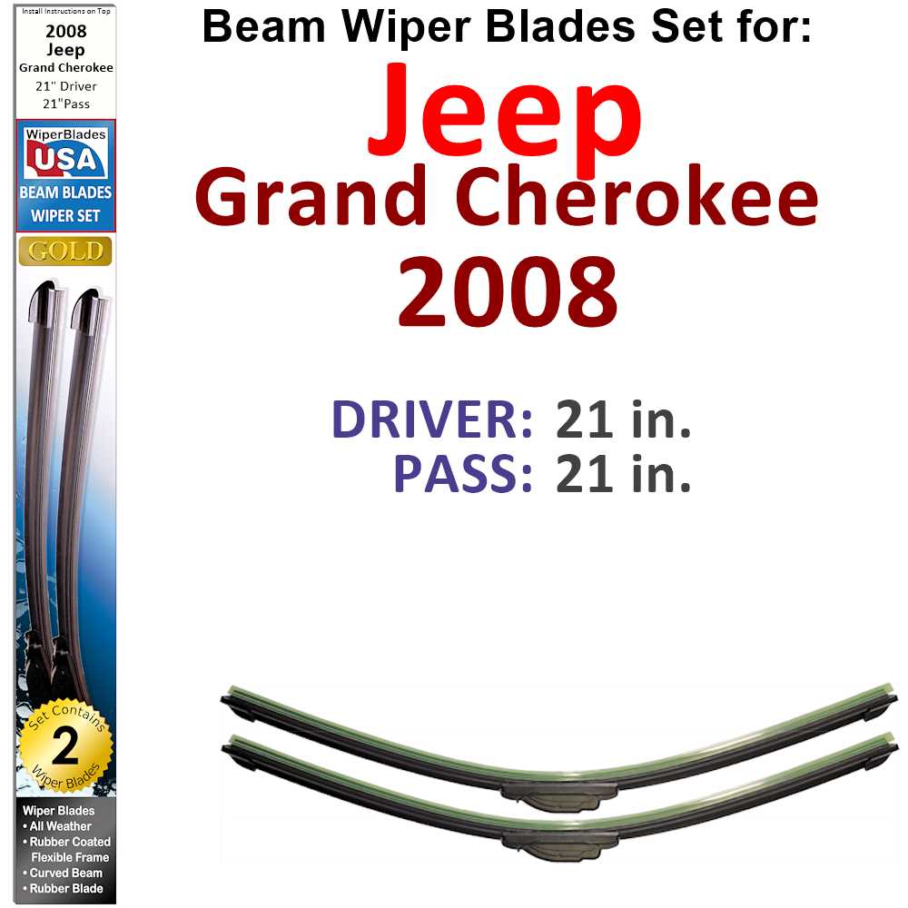 Set of two Beam Wiper Blades designed for 2008 Jeep Grand Cherokee, showcasing their flexible and durable construction.