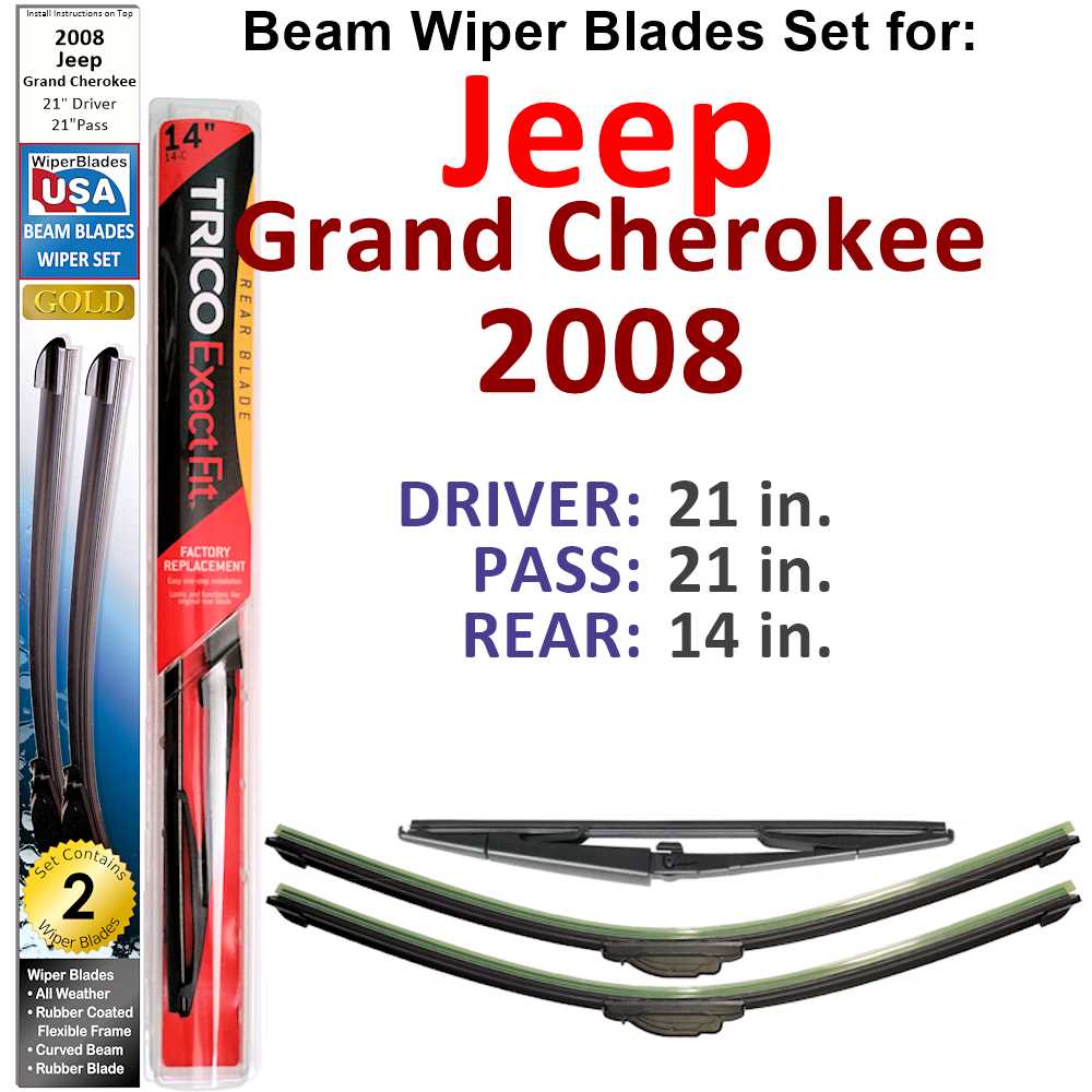 Set of 3 Beam Wiper Blades designed for 2008 Jeep Grand Cherokee, showcasing their flexible and durable construction.