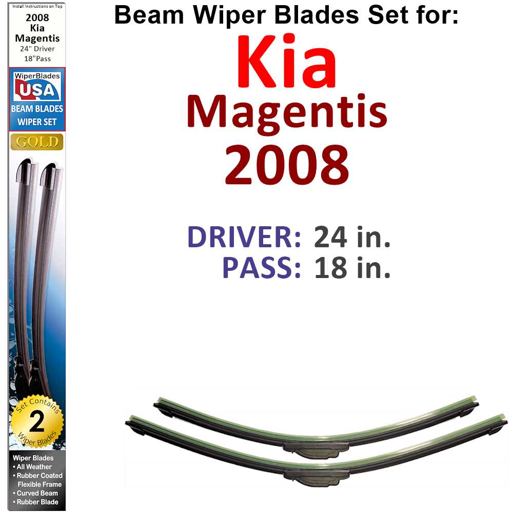 Set of two Beam Wiper Blades designed for 2008 Kia Magentis, showcasing their flexible and low-profile design.