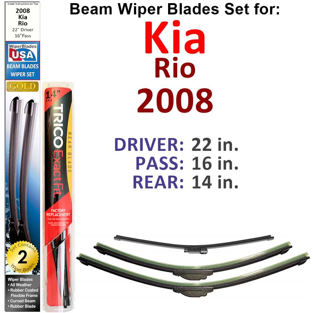 Set of 3 Beam Wiper Blades designed for 2008 Kia Rio, showcasing their flexible and durable construction.