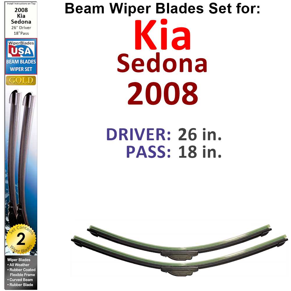 Set of 2 Beam Wiper Blades designed for 2008 Kia Sedona, showcasing their flexible and durable construction.