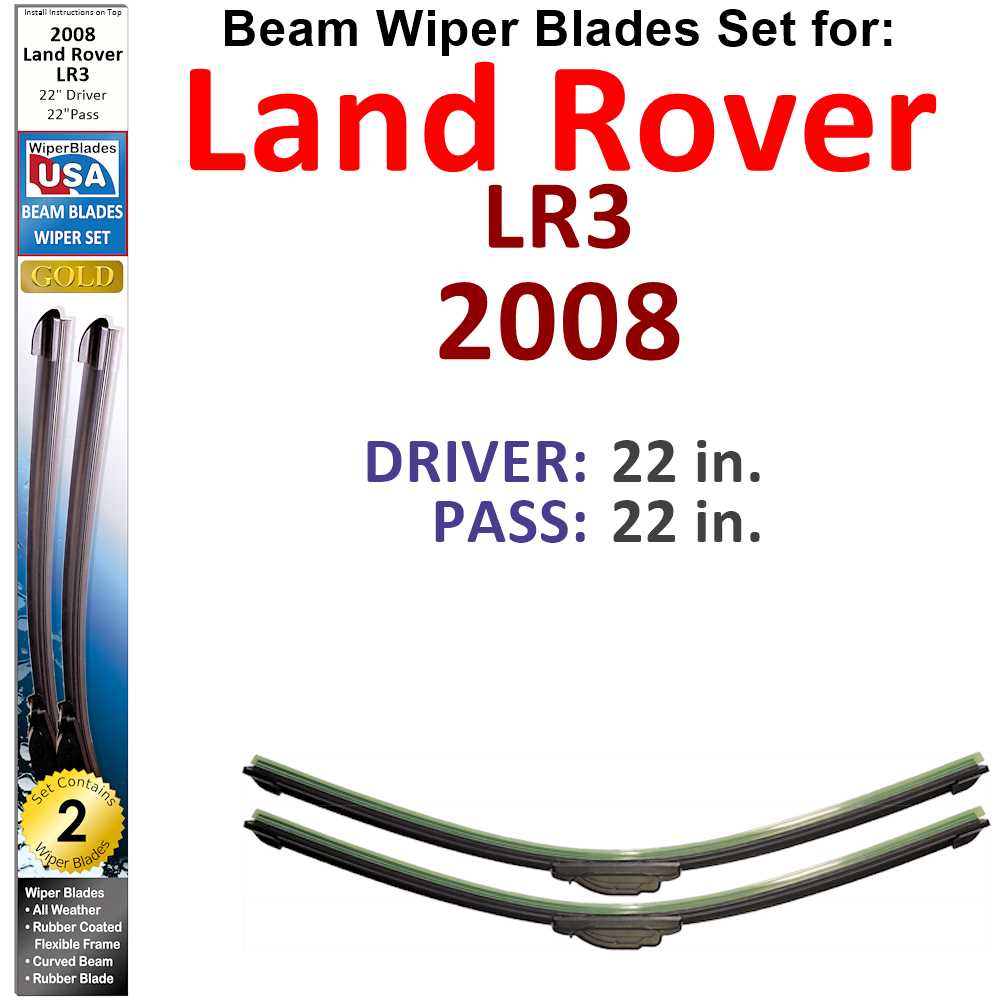 Set of two Beam Wiper Blades designed for 2008 Land Rover LR3, showcasing their flexible and durable construction.