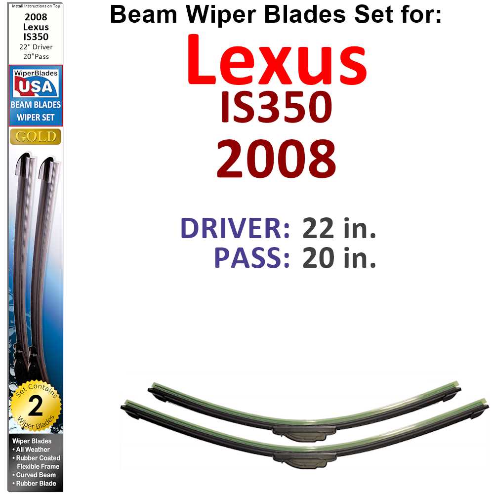 Set of two Beam Wiper Blades designed for 2008 Lexus IS350, showcasing their flexible and durable construction.