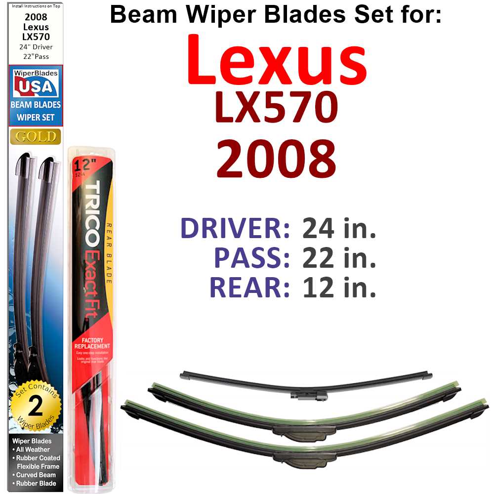 Set of 3 Beam Wiper Blades designed for 2008 Lexus LX570, showcasing their flexible and durable construction.