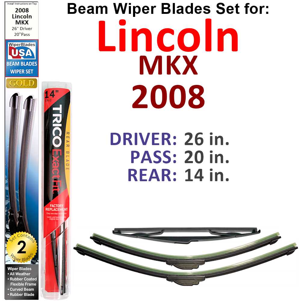 Set of 3 Beam Wiper Blades designed for 2008 Lincoln MKX, showcasing their flexible and durable construction.