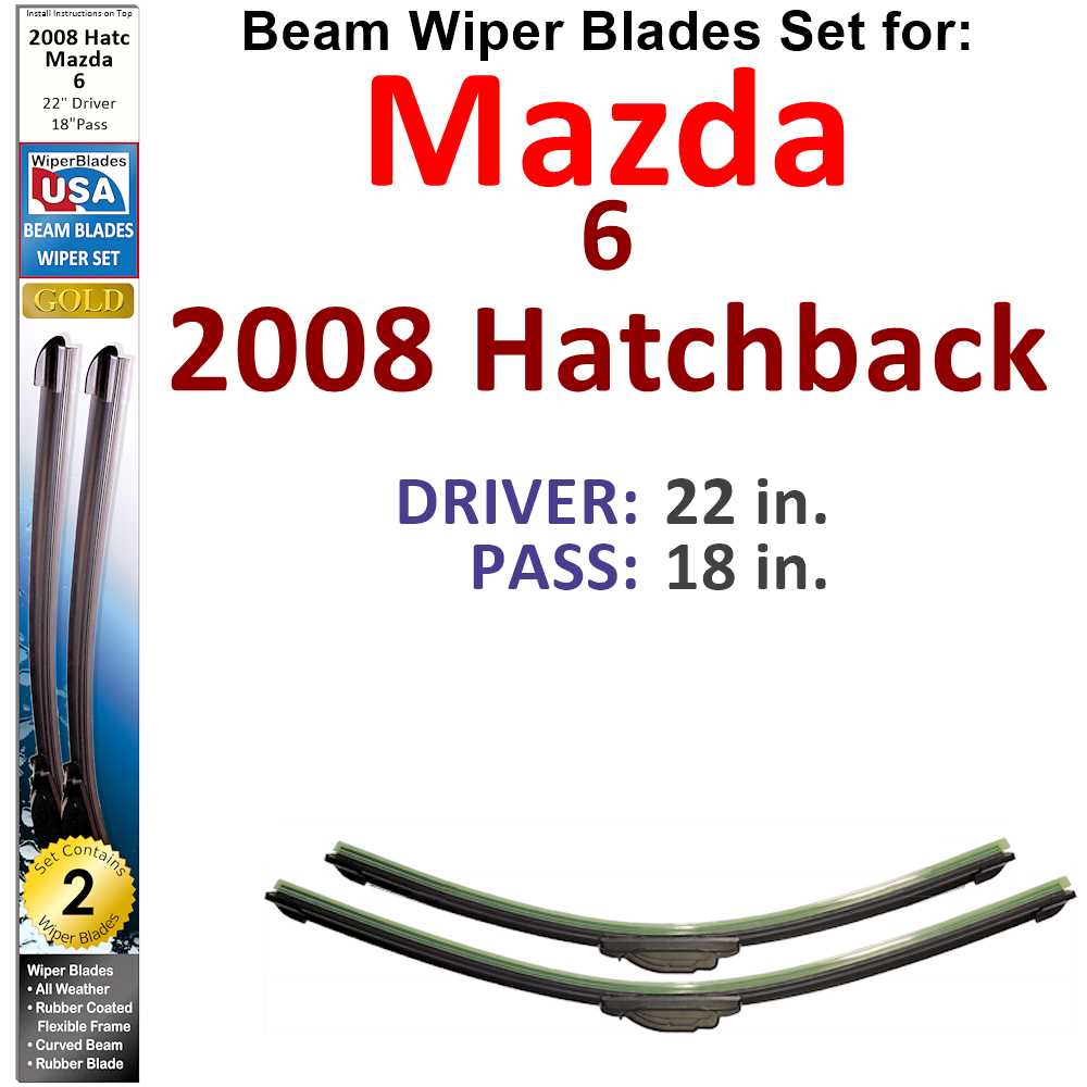 Set of 2 Beam Wiper Blades designed for 2008 Mazda 6 Hatchback, showcasing low-profile and flexible design for optimal windshield contact.