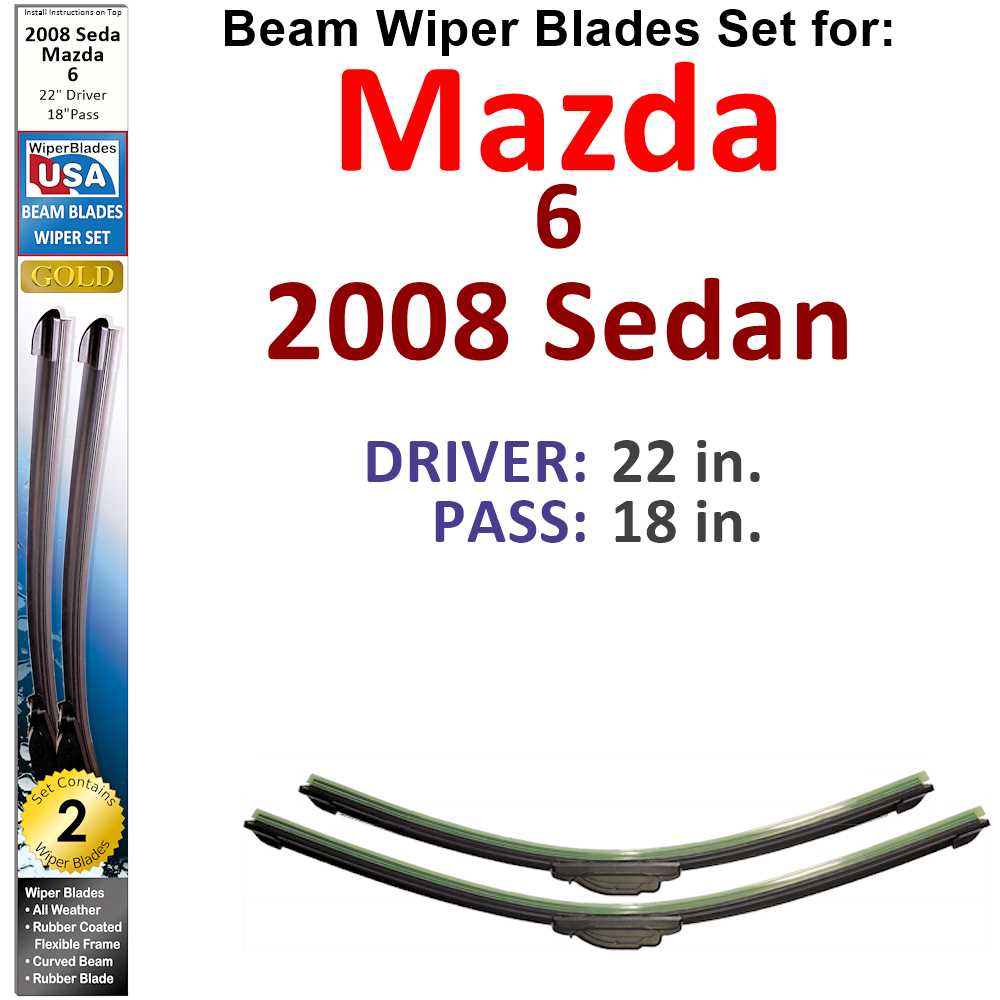 Set of two Beam Wiper Blades designed for 2008 Mazda 6 Sedan, showcasing their flexible and durable construction.