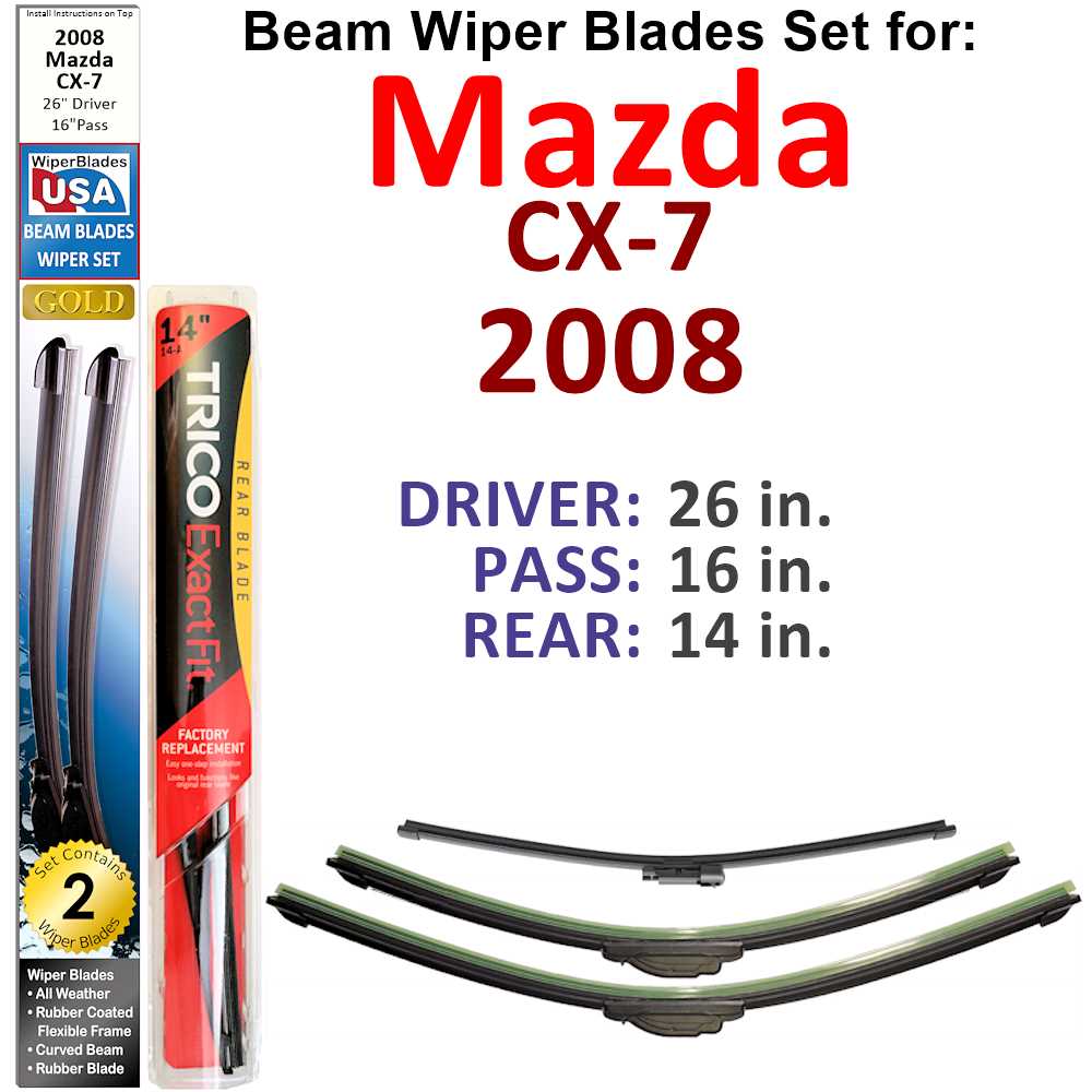 Set of 3 Beam Wiper Blades designed for 2008 Mazda CX-7, showcasing their flexible and durable construction.