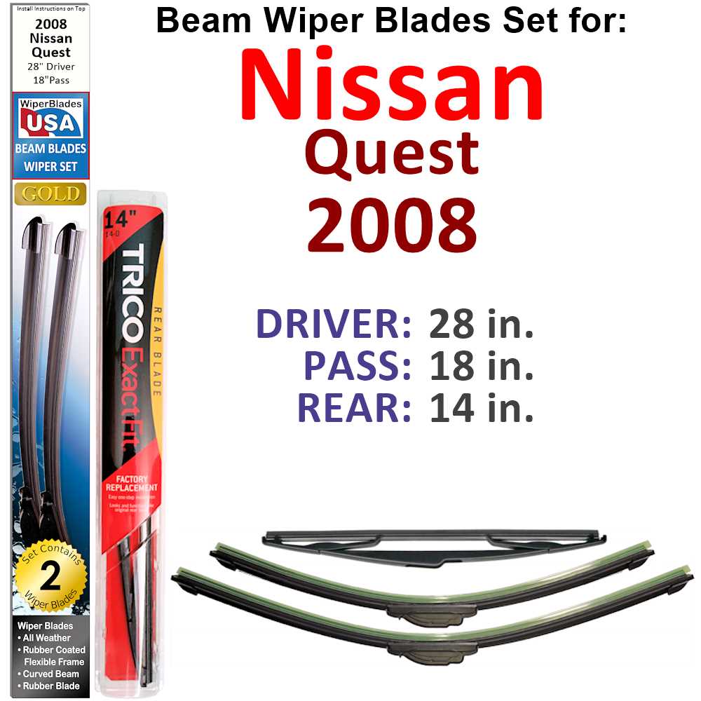 Set of 3 Beam Wiper Blades designed for 2008 Nissan Quest, showcasing their flexible and sealed design for optimal performance.