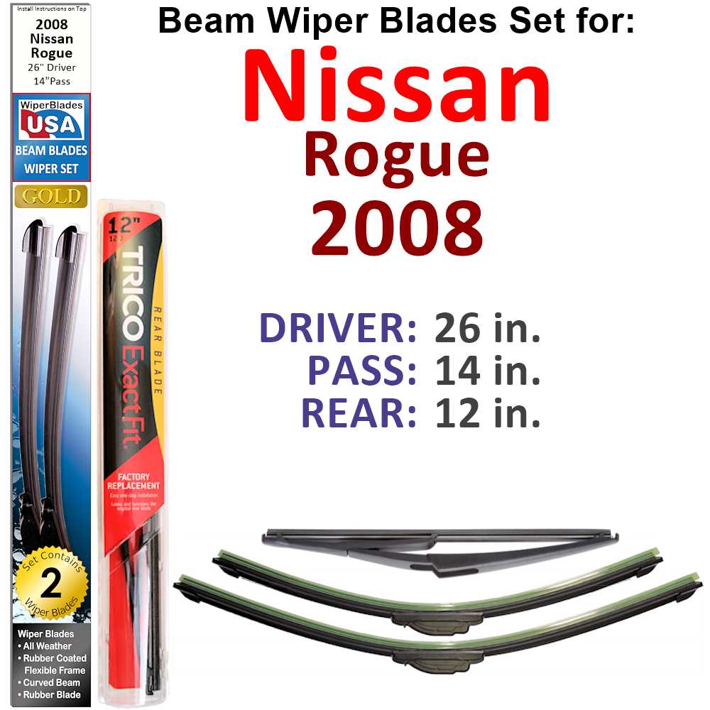 Set of 3 Beam Wiper Blades designed for 2008 Nissan Rogue, featuring a sleek low-profile design and durable rubber construction.