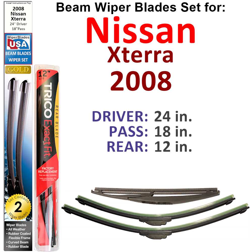 Set of 3 Beam Wiper Blades designed for 2008 Nissan Xterra, showcasing their flexible and durable construction.