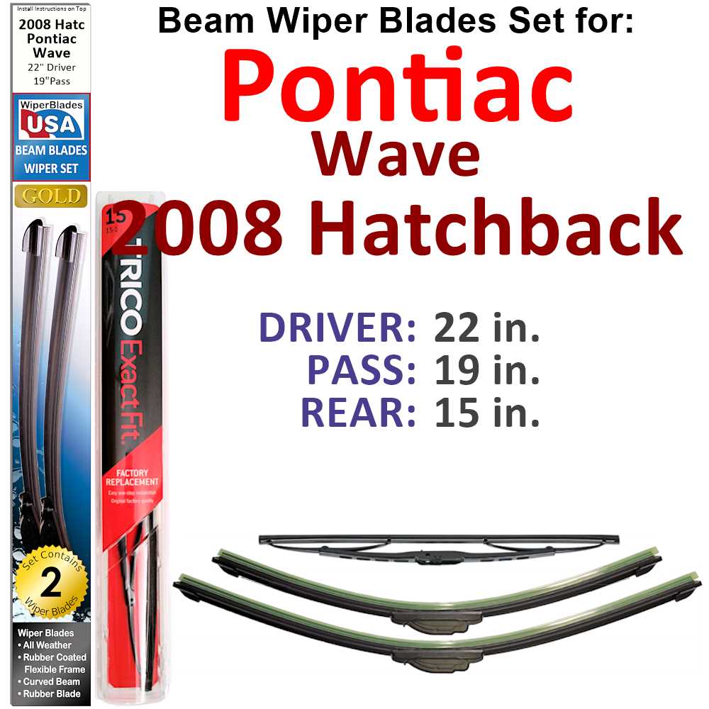 Set of 3 Beam Wiper Blades designed for 2008 Pontiac Wave Hatchback, showcasing their flexible and durable construction.