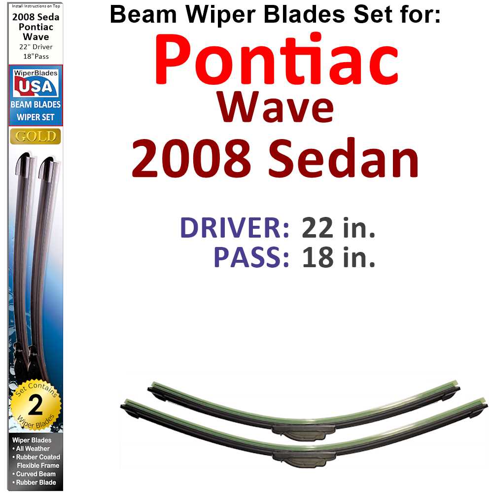 Set of two Beam Wiper Blades designed for 2008 Pontiac Wave Sedan, showcasing their flexible and durable construction.