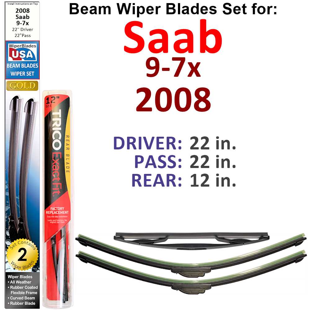 Set of 3 Beam Wiper Blades designed for 2008 Saab 9-7x, showcasing their flexible and durable construction.