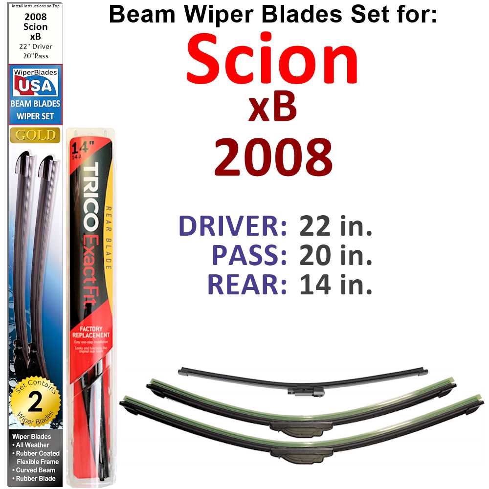 Set of 3 Beam Wiper Blades designed for 2008 Scion xB, showcasing their flexible and durable construction.