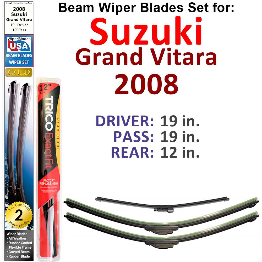 Set of 3 Beam Wiper Blades designed for 2008 Suzuki Grand Vitara, showcasing their flexible and durable construction.