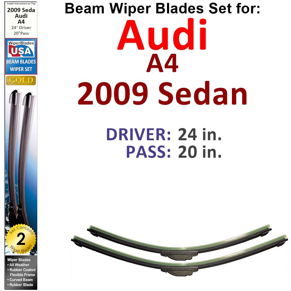 Set of two Beam Wiper Blades designed for 2009 Audi A4 Sedan, showcasing their low-profile and flexible design.