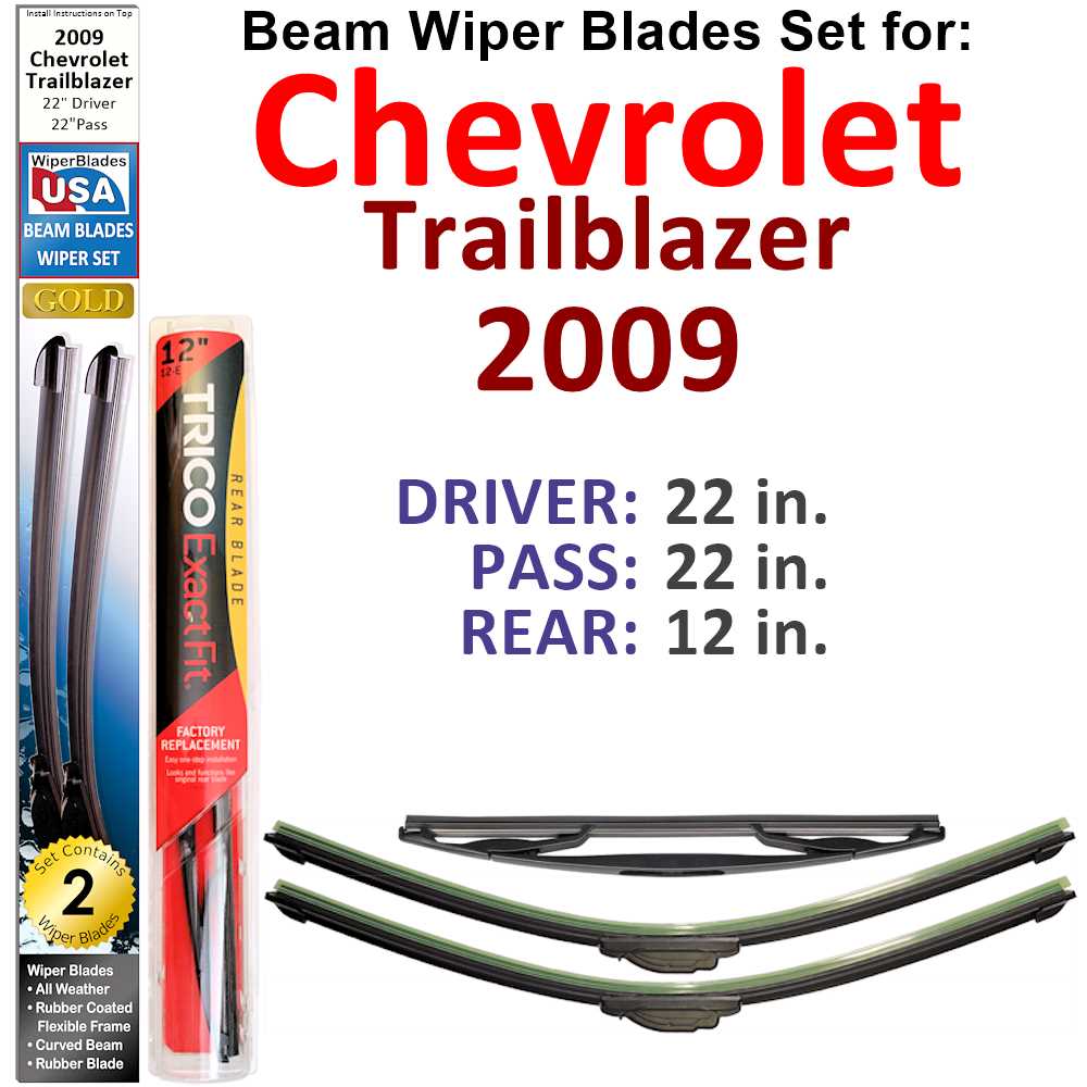 Set of 3 Beam Wiper Blades designed for 2009 Chevrolet Trailblazer, showcasing their flexible and durable construction.