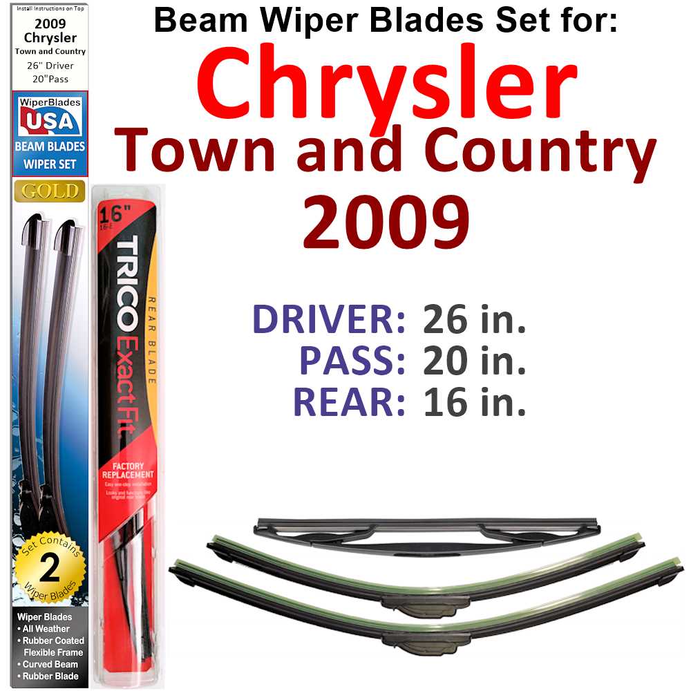 Set of 3 Beam Wiper Blades designed for 2009 Chrysler Town and Country, showcasing their flexible and durable construction.