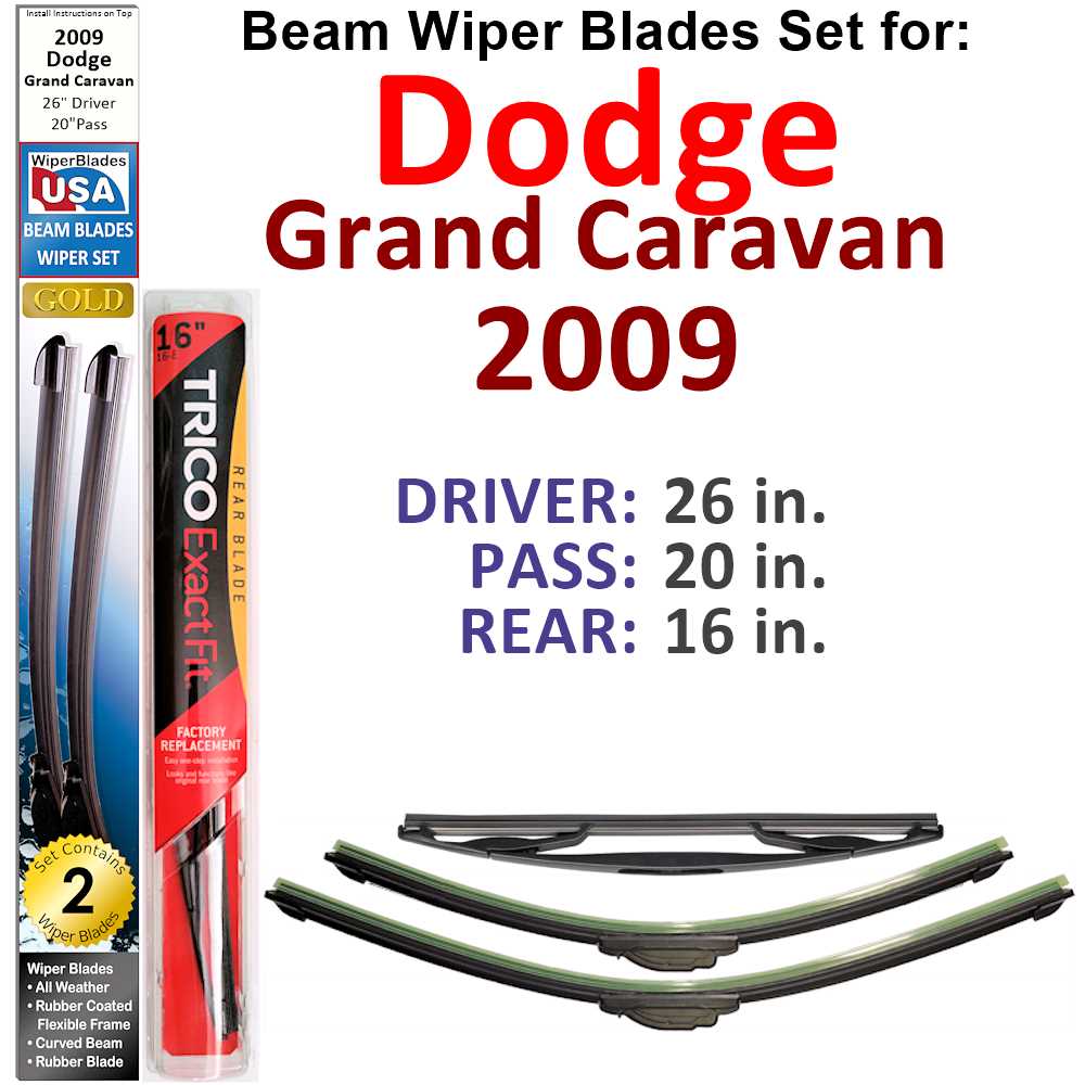 Set of 3 Beam Wiper Blades designed for 2009 Dodge Grand Caravan, showcasing their flexible and durable design.