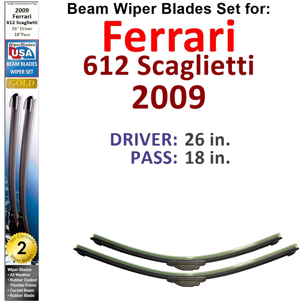 Set of two Beam Wiper Blades designed for 2009 Ferrari 612 Scaglietti, showcasing their sleek and flexible design.