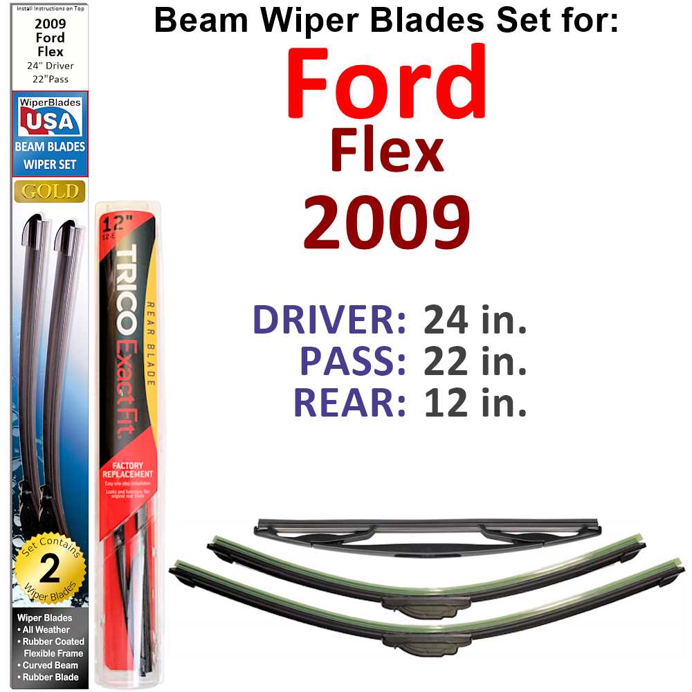 Set of 3 Beam Wiper Blades designed for 2009 Ford Flex, showcasing their flexible and durable construction.