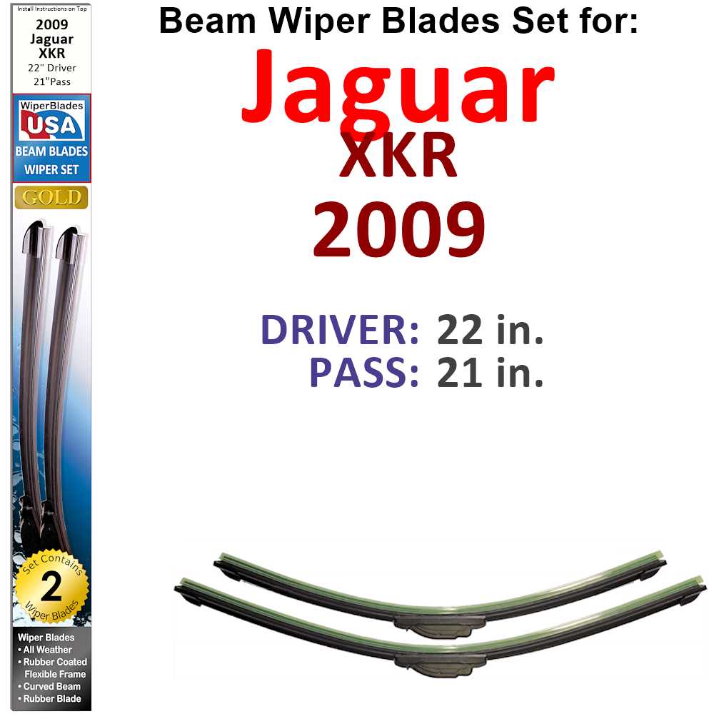 Set of 2 Beam Wiper Blades designed for 2009 Jaguar XKR, showcasing their flexible and durable construction.