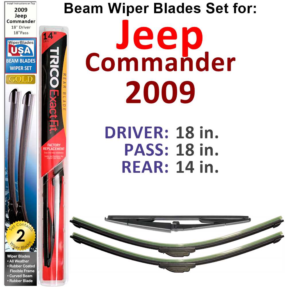 Set of 3 Beam Wiper Blades designed for 2009 Jeep Commander, showcasing their flexible and sealed design for optimal performance.