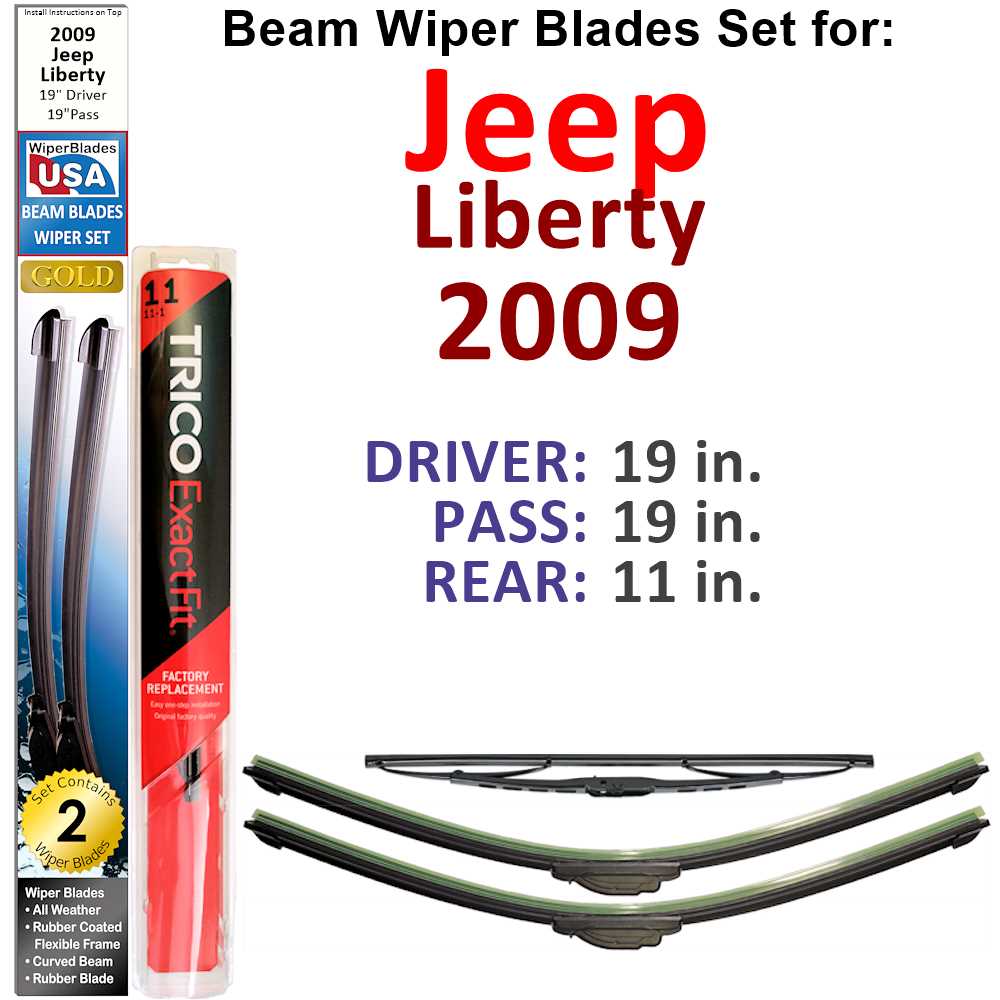 Set of 3 Beam Wiper Blades designed for 2009 Jeep Liberty, showcasing their flexible and durable construction.