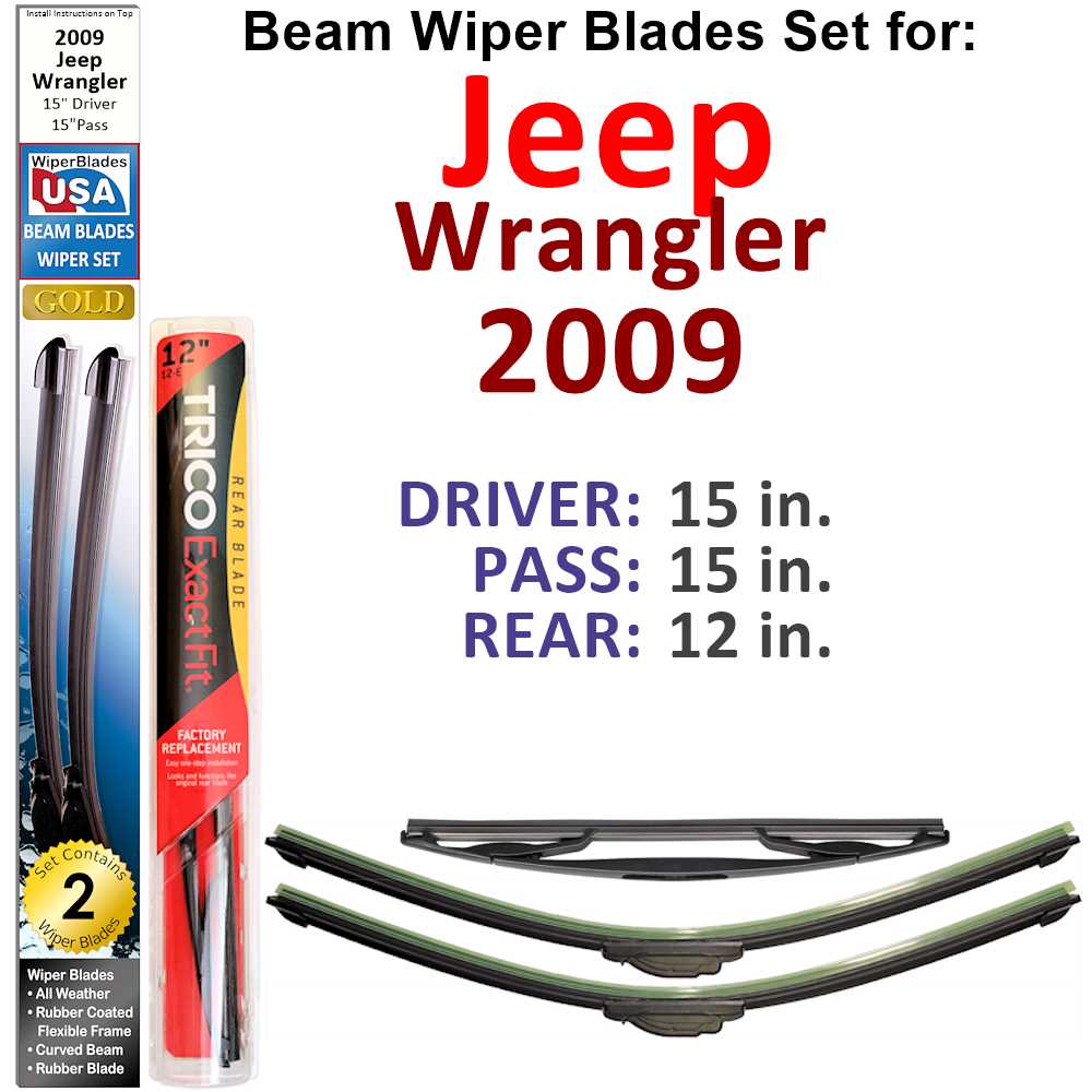 Set of 3 Beam Wiper Blades designed for 2009 Jeep Wrangler, showcasing their flexible and sealed design for optimal performance.