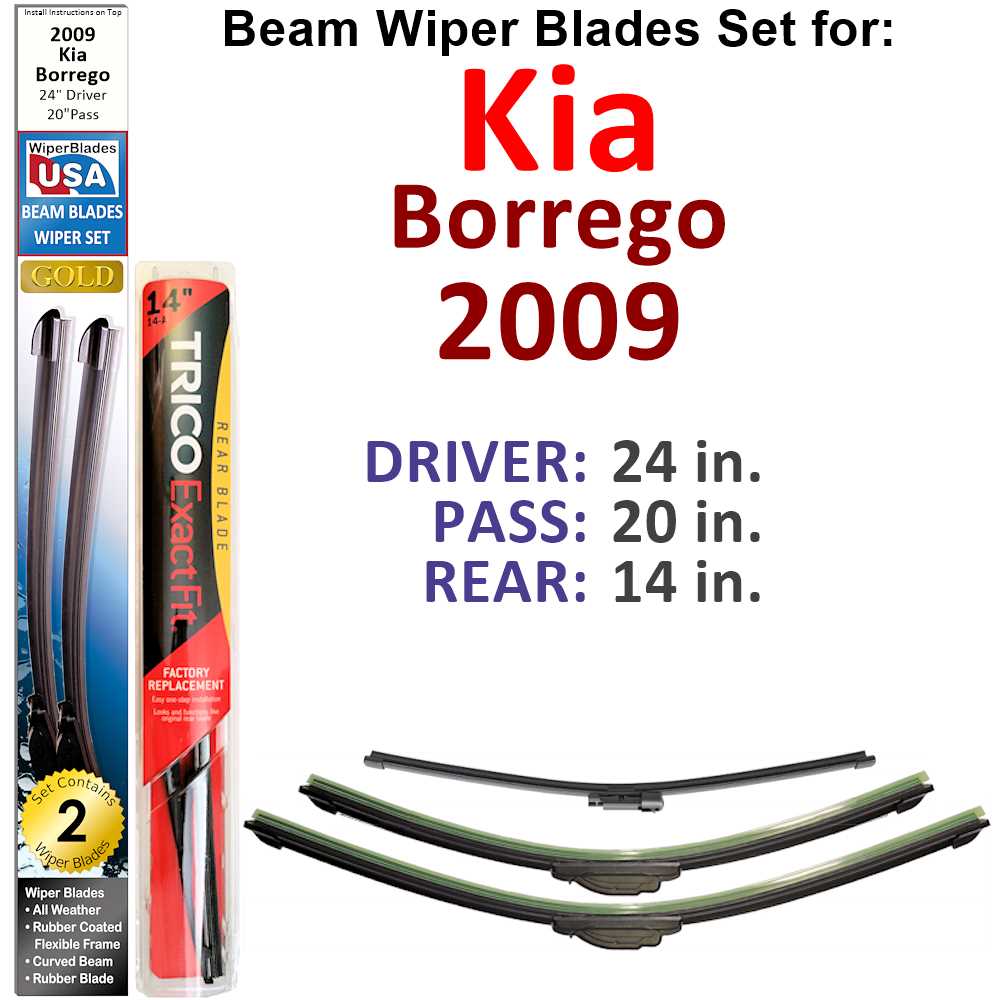 Set of 3 Beam Wiper Blades designed for 2009 Kia Borrego, showcasing their flexible and durable construction.