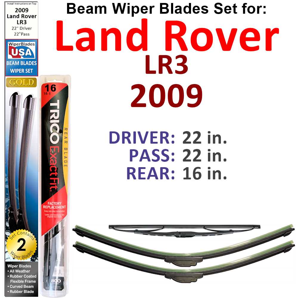 Set of 3 Beam Wiper Blades designed for 2009 Land Rover LR3, showcasing their flexible and durable design.