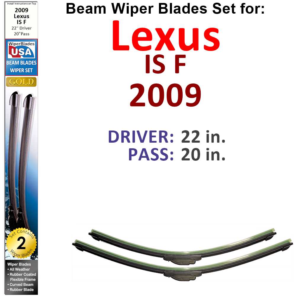 Set of two Beam Wiper Blades designed for 2009 Lexus IS F, showcasing their flexible and durable construction.