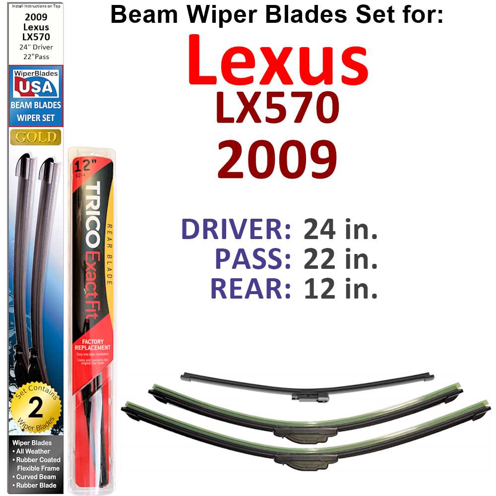 Set of 3 Beam Wiper Blades designed for 2009 Lexus LX570, showcasing their flexible and durable construction.