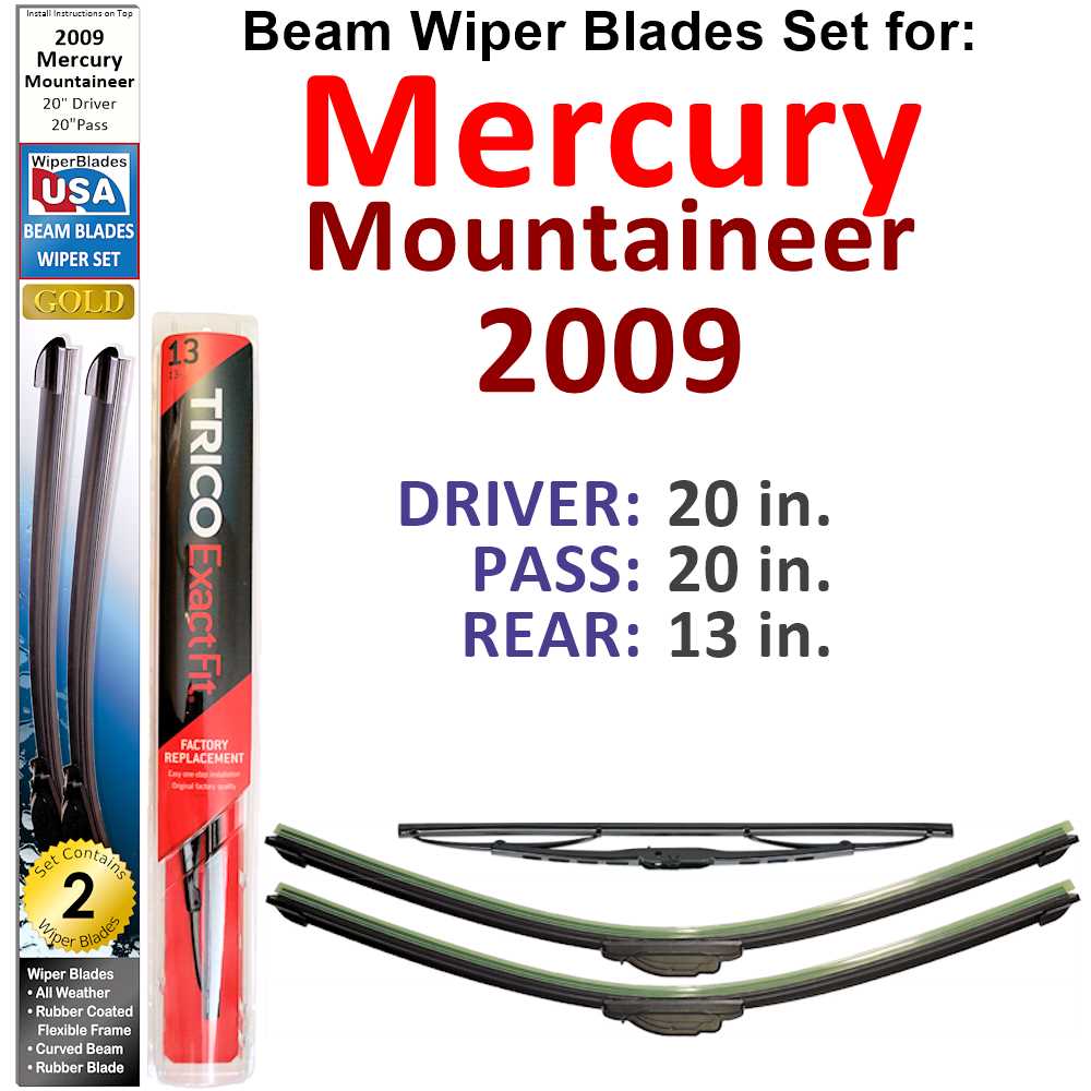 Set of 3 Beam Wiper Blades designed for 2009 Mercury Mountaineer, showcasing their flexible and durable construction.