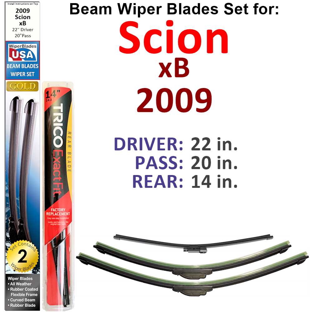 Set of 3 Beam Wiper Blades designed for 2009 Scion xB, showcasing their flexible and durable construction.