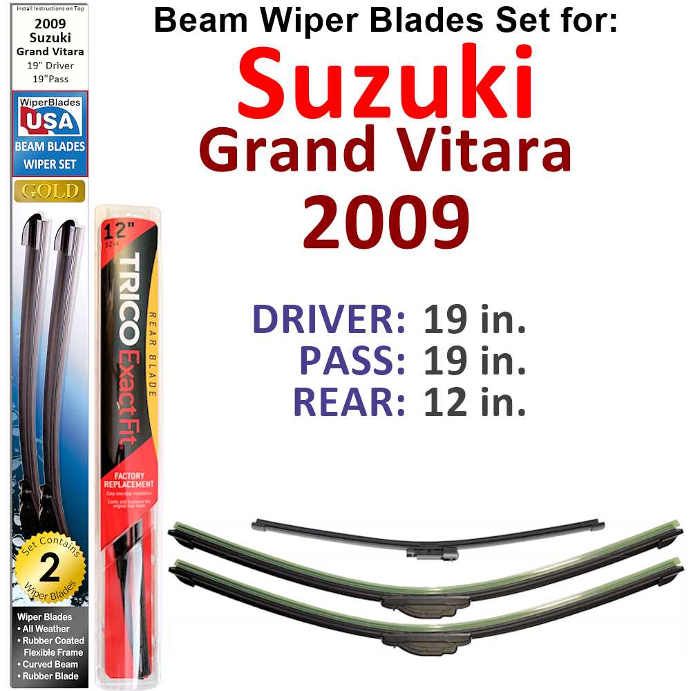 Set of 3 Beam Wiper Blades designed for 2009 Suzuki Grand Vitara, showcasing their flexible and durable construction.